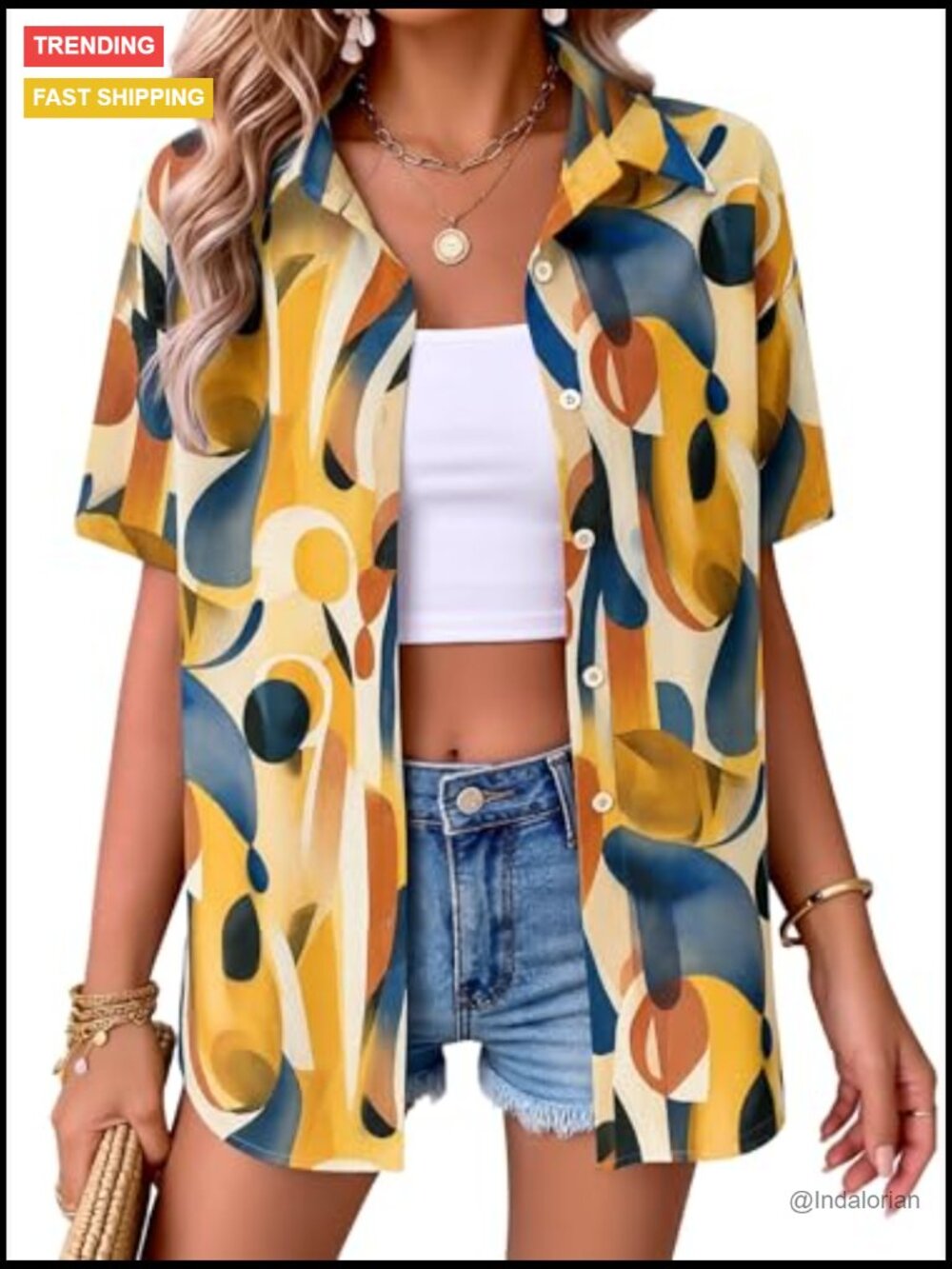 Short Sleeve Button Down Blouse Casual Summer Vacation Top - Picture 2 of 7